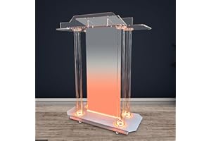 PETOLOVTY 46" Personalized Acrylic Podium for Churches with LED Lights, Transparent Church Pulpit with Wheels, Custom Acrylic Lectern with Incline Reading Platform for Church Wedding Concert Speech - Common