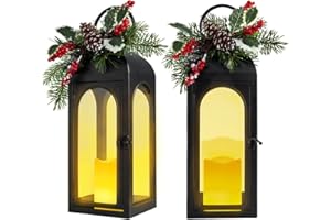 Bdor Christmas Lantern Decorative Candle Lantern 16 Inch Remote Vintage Set of 2 Christmas Decorations with Timer LED Metal Hanging Lantern for Home Outdoor Porch Decor Christmas Centerpieces Tables