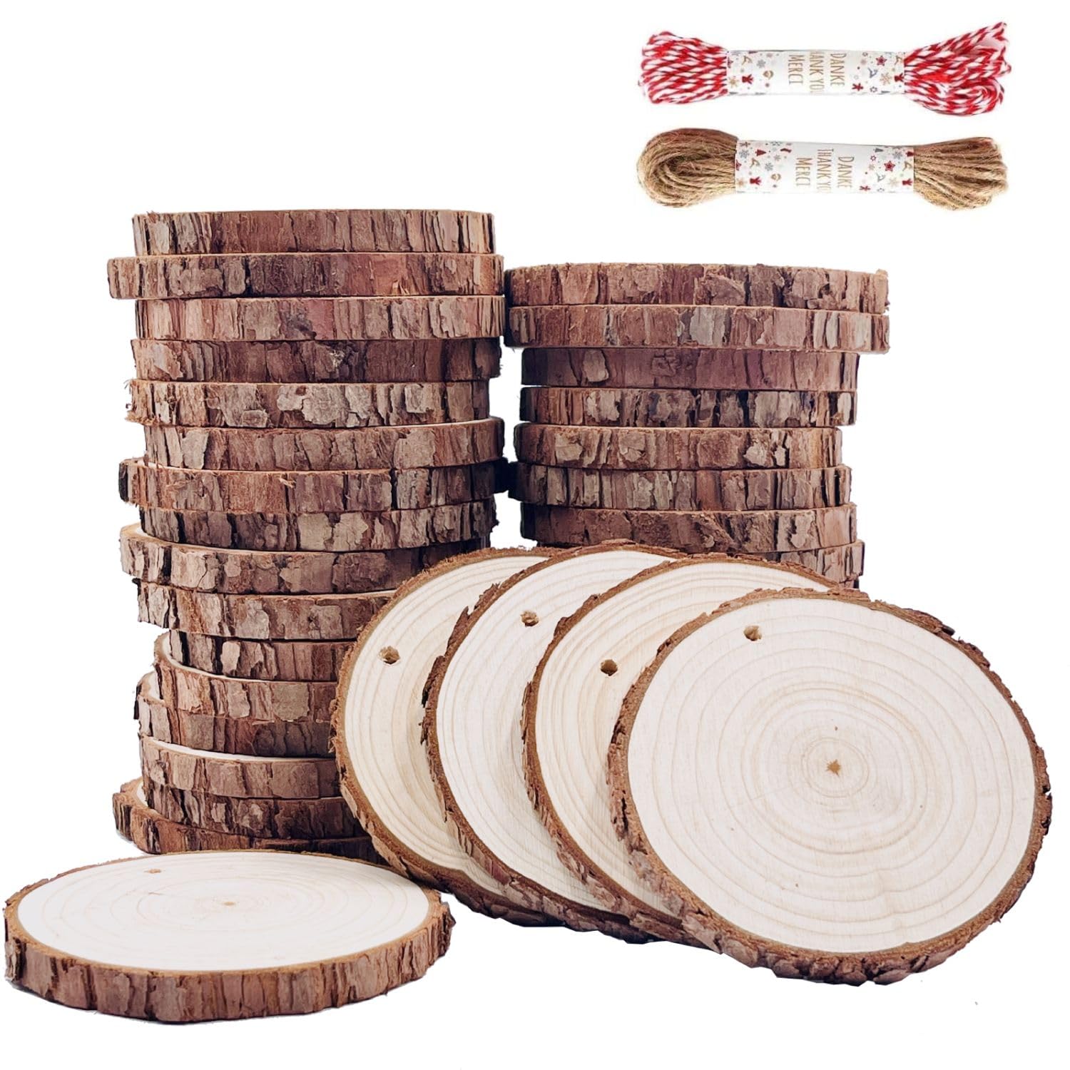 Photo 1 of **CONTAINS ONLY 14 PIECES OF WOOD-ALL HAVE CRACK HALF WAY THRU/NO STRING***Unfinished Natural Wood Slices 3.5-4 Inch Wood Coaster Sets Pieces Craft Wood kit Predrilled with Hole Wooden Circles Great for Arts and Crafts Christmas Ornaments DIY Crafts Rusti