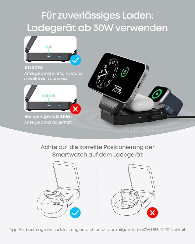 MagGo 3-in-1 Ladestation Qi2 15W mit Apple Watch Ladegerät