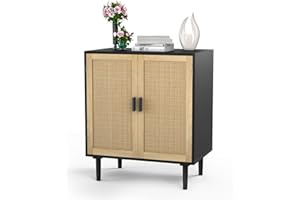 Our Modern Space Rattan Sideboard Buffet Cabinet | Kitchen Storage Dresser with Rattan Doors | Cupboard Console Table for Living Room, Dining Room TV Stand - Black