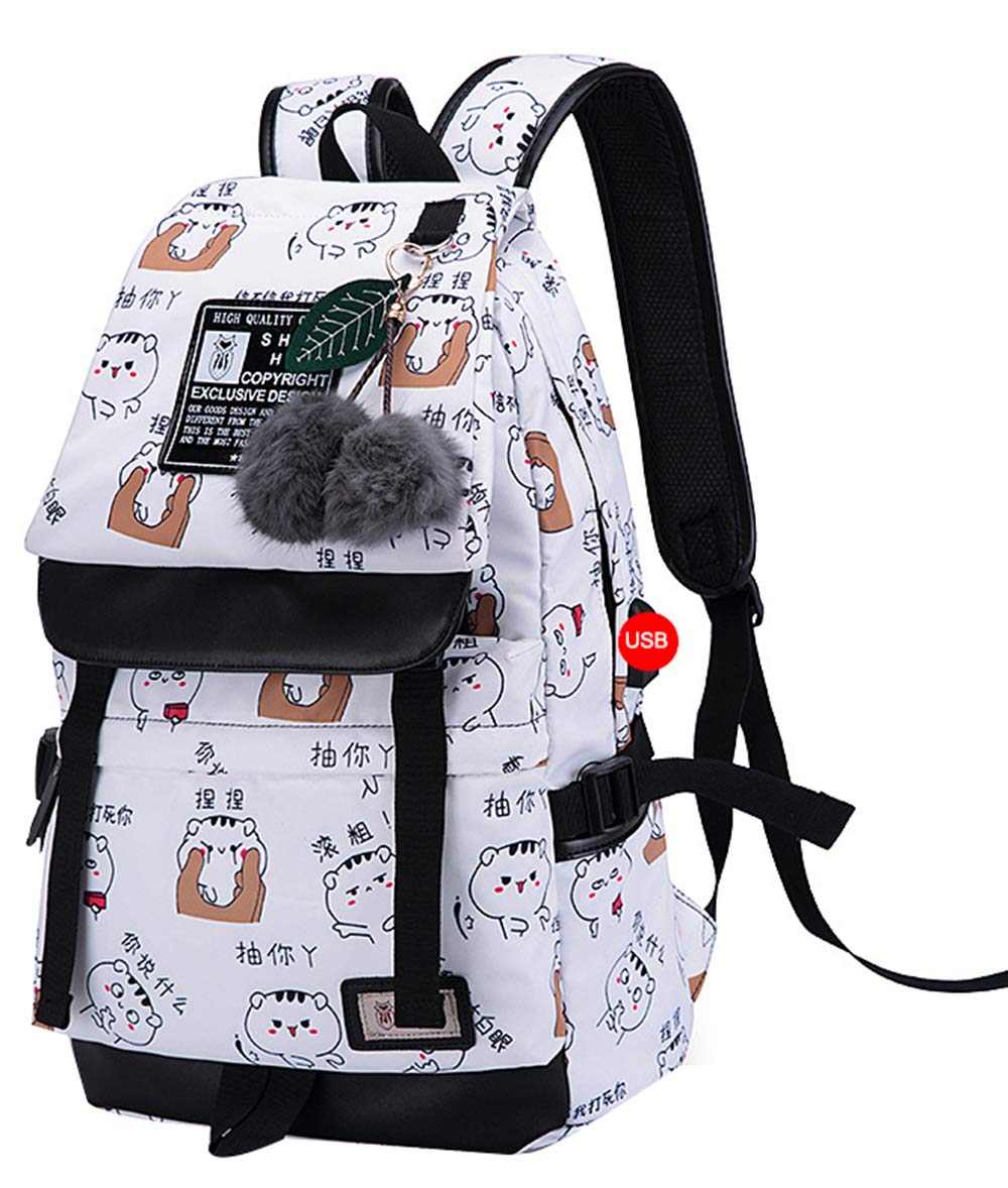 SellerFun Teenage girls' Backpack Middle School Students Bookbag Outdoor Daypack With USB charge Port (1# White, 20 Liters)