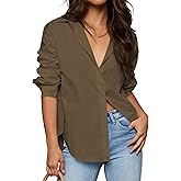 Diosun Women’s Cotton Button Down Shirts V Neck Casual Long Sleeve Stylish Business Solid Color Blouses Tops