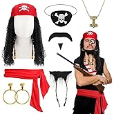 ZhouBoat Pirate Costume Accessories Set for Women Men, Captain Hat Bandana Eyepatch Earring Necklace Beard Wig Dress Up Outfit Cosplay Party Favors Props