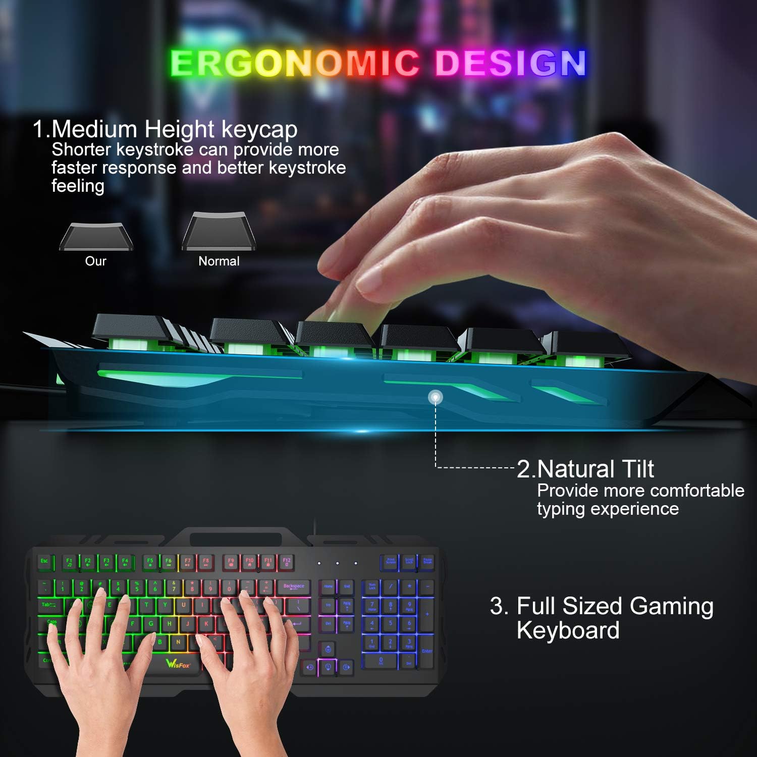 Gaming Keyboard, WisFox Colorful Rainbow LED Backlit Wired Computer Gaming Keyboard with 104 Keys, USB Wired Keyboard and Spill-Resistant for Windows PC Gamers Desktop PS4: Computers & Accessories