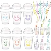 Yaomiao 36 Set Smile Face Birthday Cups 12 oz Clear Plastic Cup with Dome Lids and Straws for Smile Face Pastel Preppy Birthday Decorations Holiday Bachelorette Baby Shower Party Favors(Funny Style)