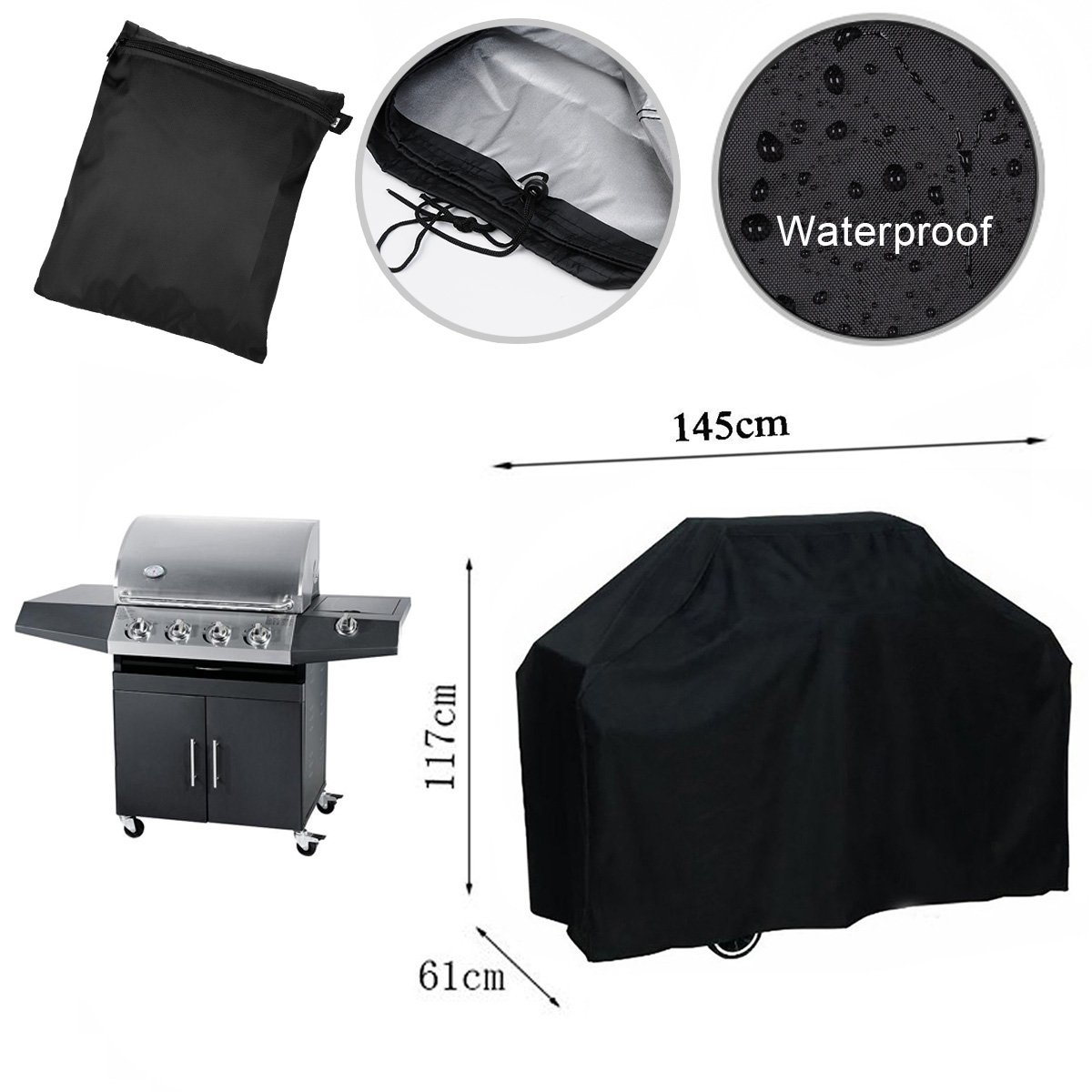 MAXFE.CO Gas Grill Cover, 145 cm Heavy Duty BBQ Cover Waterproof Outdoor Barbeque Grill Cover for Weber, Char Broil, Brinkmann with Drawstring and Spring Lock
