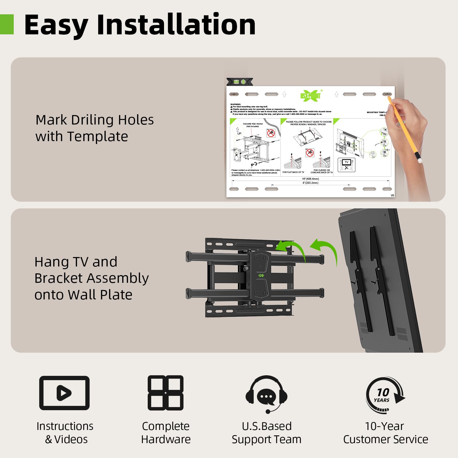 USX MOUNT Full Motion TV Wall Mount for 42-80 Inch TVs up to 120lbs, TV Bracket with Articulating Swivel Tilt Extension Leveling, Television Mount for Max VESA 600x400mm Fits 12/16