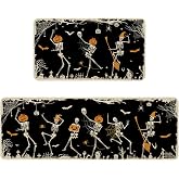 Halloween Kitchen Mat Set of 2, Skeleton Black Halloween Kitchen Rugs Decor | Non Slip Washable Halloween Kitchen Mats Skull Floor Mat Indoor Rug Kitchen Decorations