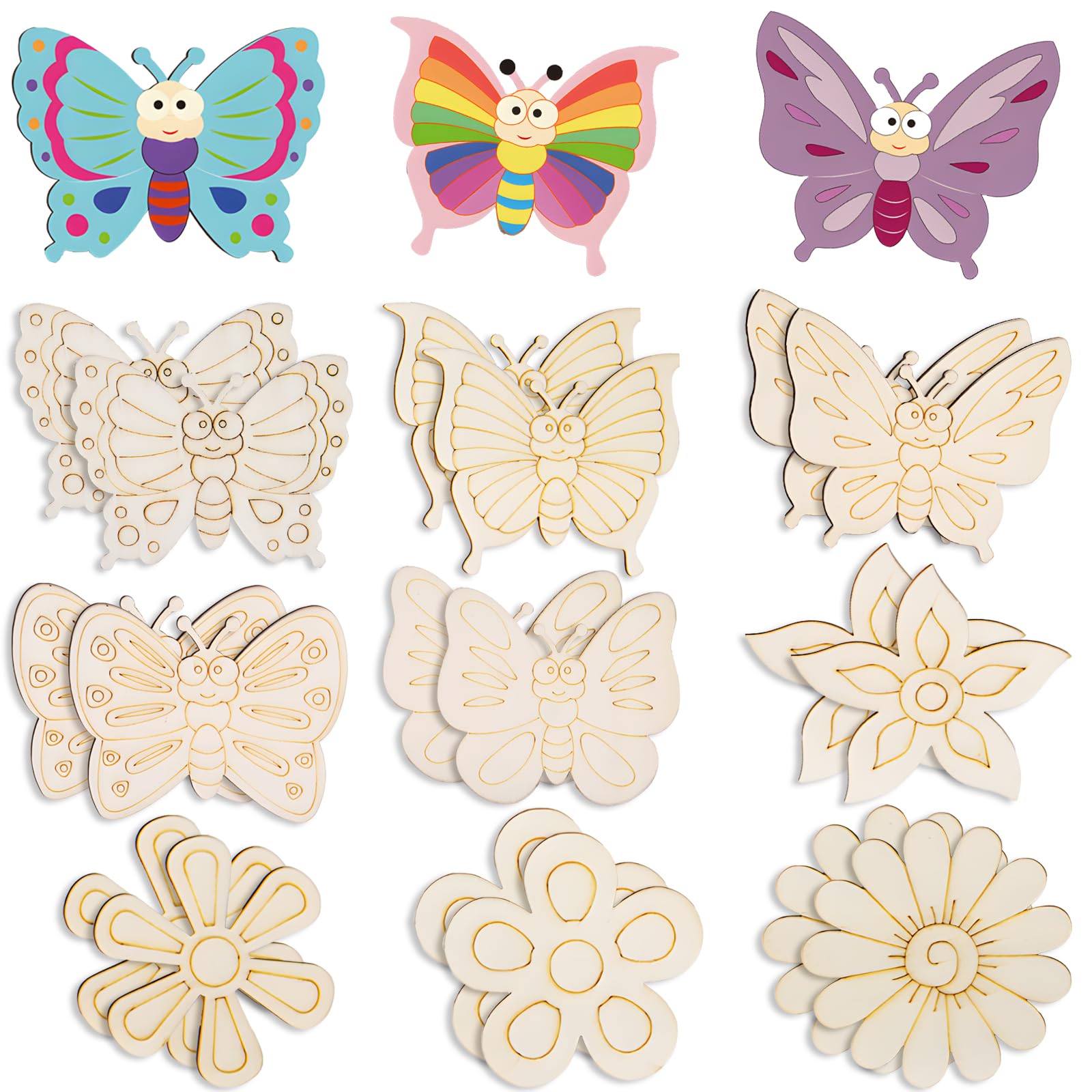Photo 1 of 26PCS Wooden Butterflies & Flowers Ornaments to Paint, Various Sizes and Shapes Butterflies and Flowers DIY Blank Unfinished Wood Cutouts Ornament for Home Crafts Hanging Decorations