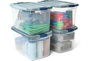Rubbermaid Roughneck Clear 66 Qt/16.5 Gal Storage Containers, Pack of 4 with Latching Grey Lids, Visible Base, Sturdy and Stackable, Great for Storage and Organization