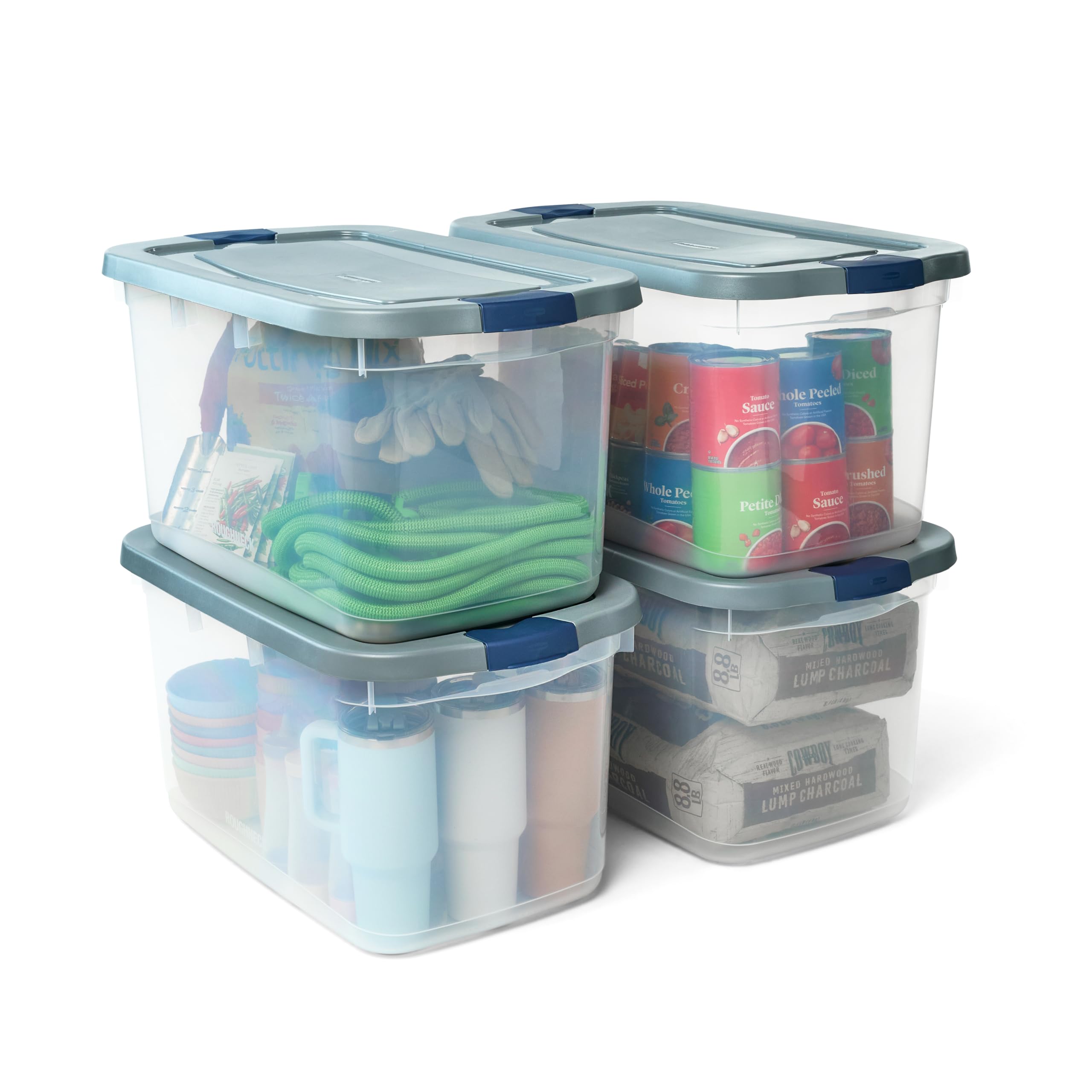 Photo 1 of **DAMAGED**
Rubbermaid Roughneck Clear 66 Qt/16.5 Gal Storage Containers, Pack of 4 with Latching Grey Lids, Visible Base, Sturdy and Stackable, Great for Storage and Organization