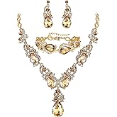 BriLove Wedding Bridal Jewelry for Women Multi Teardrop Cluster Crystal Statement Necklace Dangle Earrings Link Bracelet Set