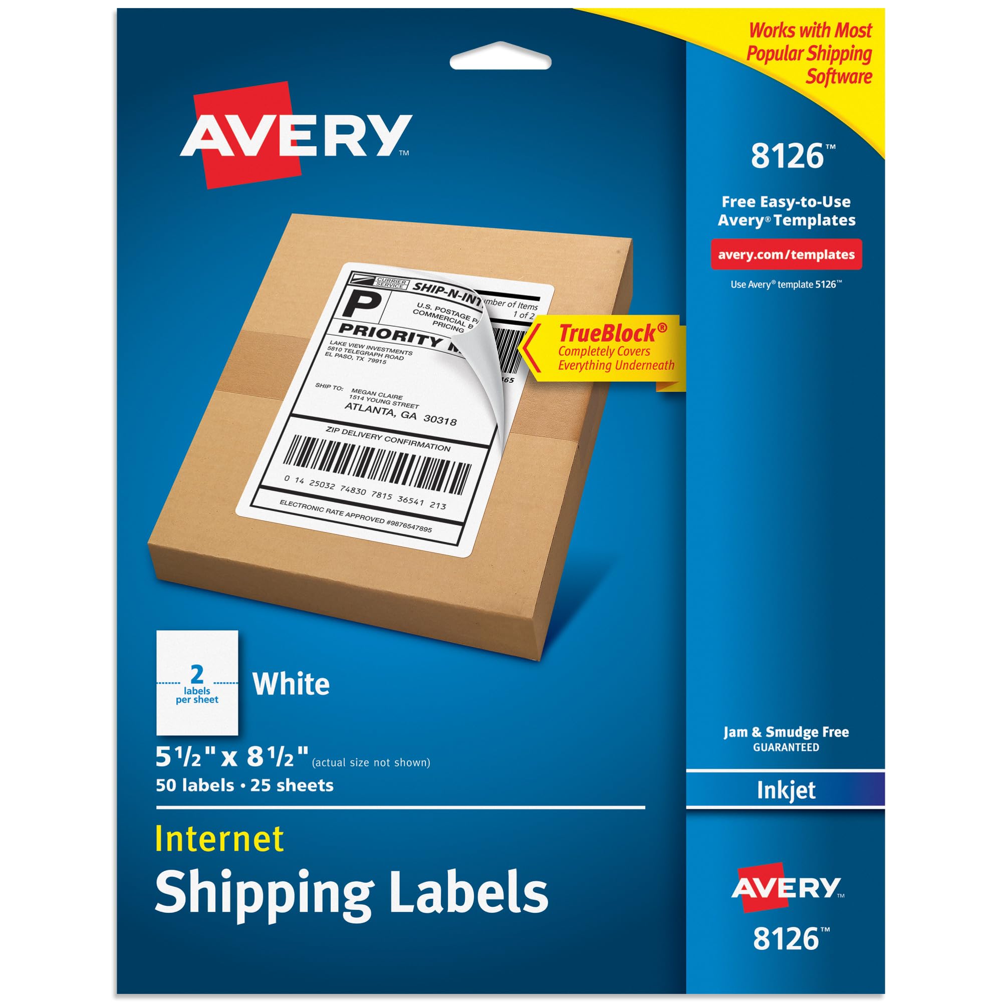 Photo 1 of Avery Half-Sheet Printable Shipping Labels, 5.5" x 8.5" Customizable Stickers, White, 50 Blank Mailing Labels, Great for Mailing, Shipping, Organizing, and More (8126)
