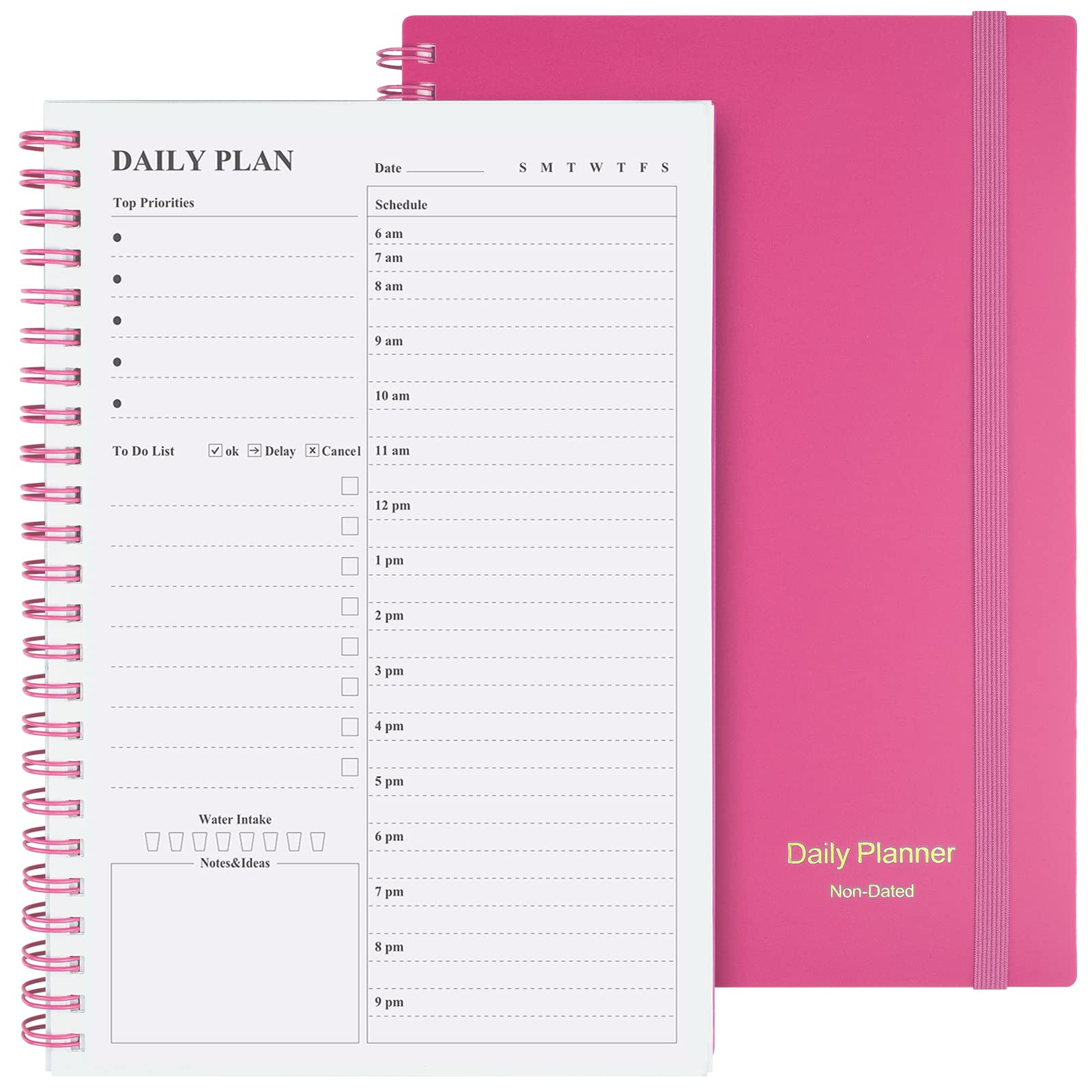 Asten Daily Planner Undated, To Do List Notebook Hourly Schedules Spiral Appointment Planner for Men and Women,PVC Hardcover,Elastic Closure, Inner Pocket 8.3 x 5.8 (Pink)