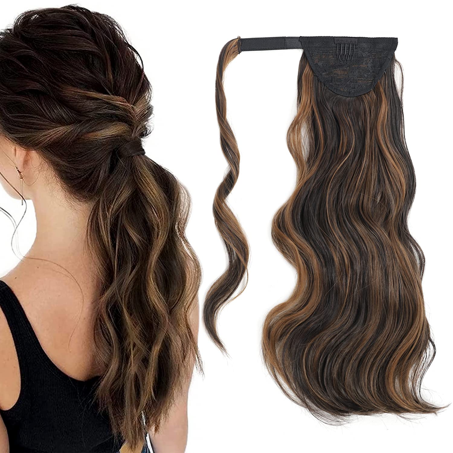 FAELBATY Clip in Ponytail Hair Extensions Long Curly Wave Magic Paste Wrap Around Ponytail Hair for Women Balayage Dark Brown to Chestnut Synthetic Hair Ponytail Hair Piece(20Inch H2/426)