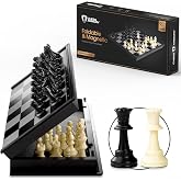 Chess Armory Travel Chess Set 9.5 Inches Magnetic Board | Portable mini Chess Set with Staunton Pieces, 2 Extra Queens and Built-In Storage for Trips, School and Home