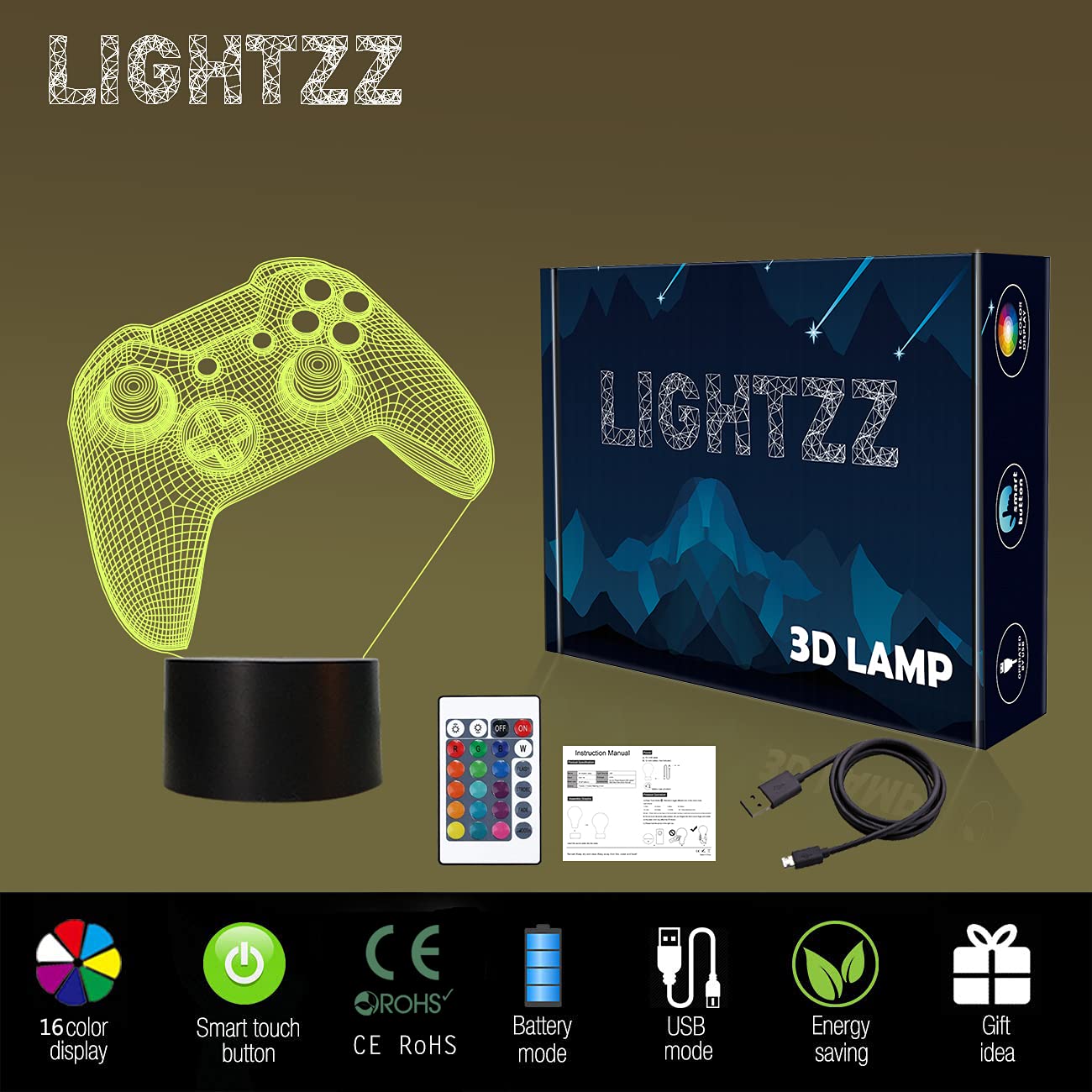 3D Gamepad Nachtlicht, Lightzz Game Console Illusionslampe mit Fernbedienung + Touch 16 Farbblinken Wechseln + Timer Schreibtischlampen Kinderzimmer Geschenke für Spielefan 7