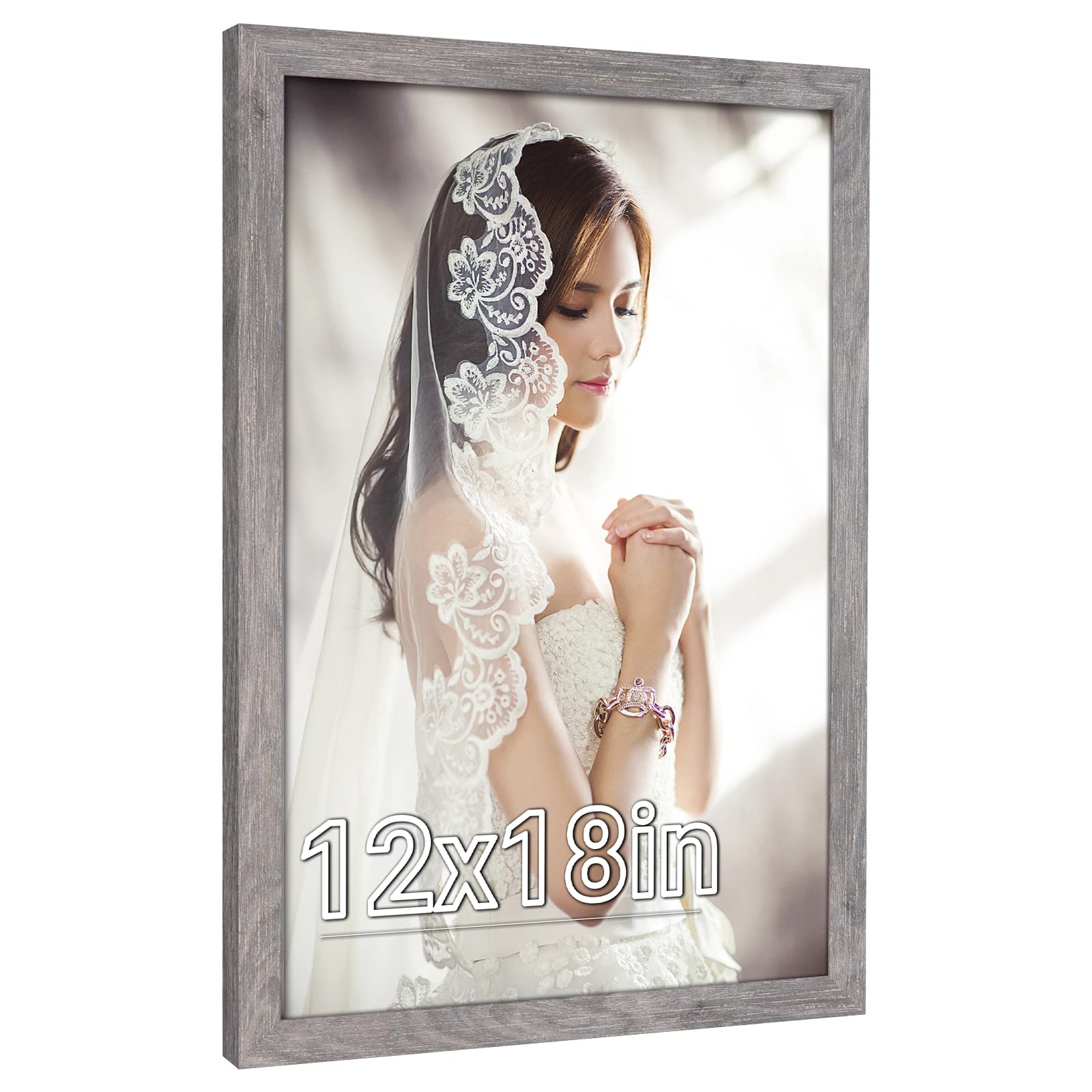 Photo 1 of * CRACK IN CENTER, CORNERPIECE BROKEN * Natural 12x18 Frame Rustic Grey, Retro 18x12 Picture Frame, Gray 12 by 18in Canvas Poster Frame, Large Gallery Concert Portrait Photo Frame, Anniversary/Wedding/Birthday/Thank you/Christmas Gift