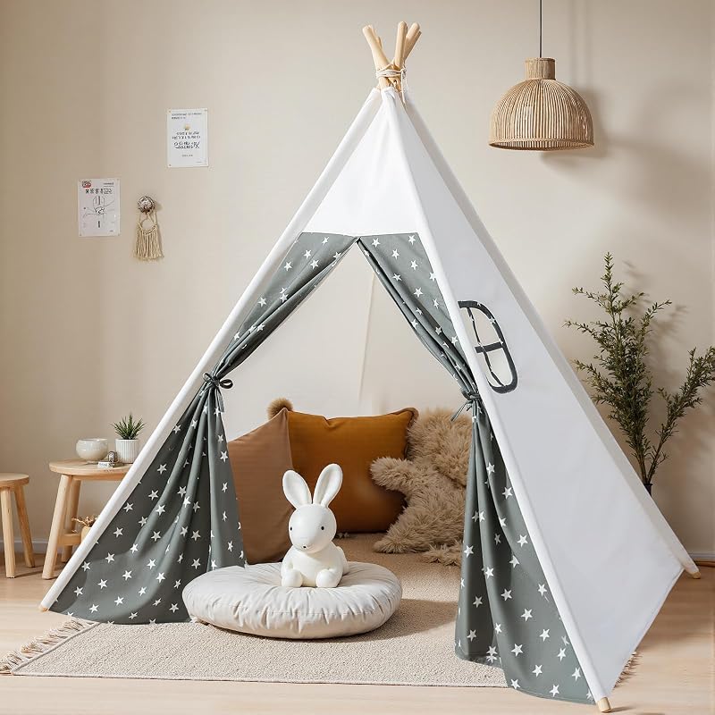 Wilwolfer Kids Teepee Tent Foldable Indoor Outdoor 47x47x59 in Grey