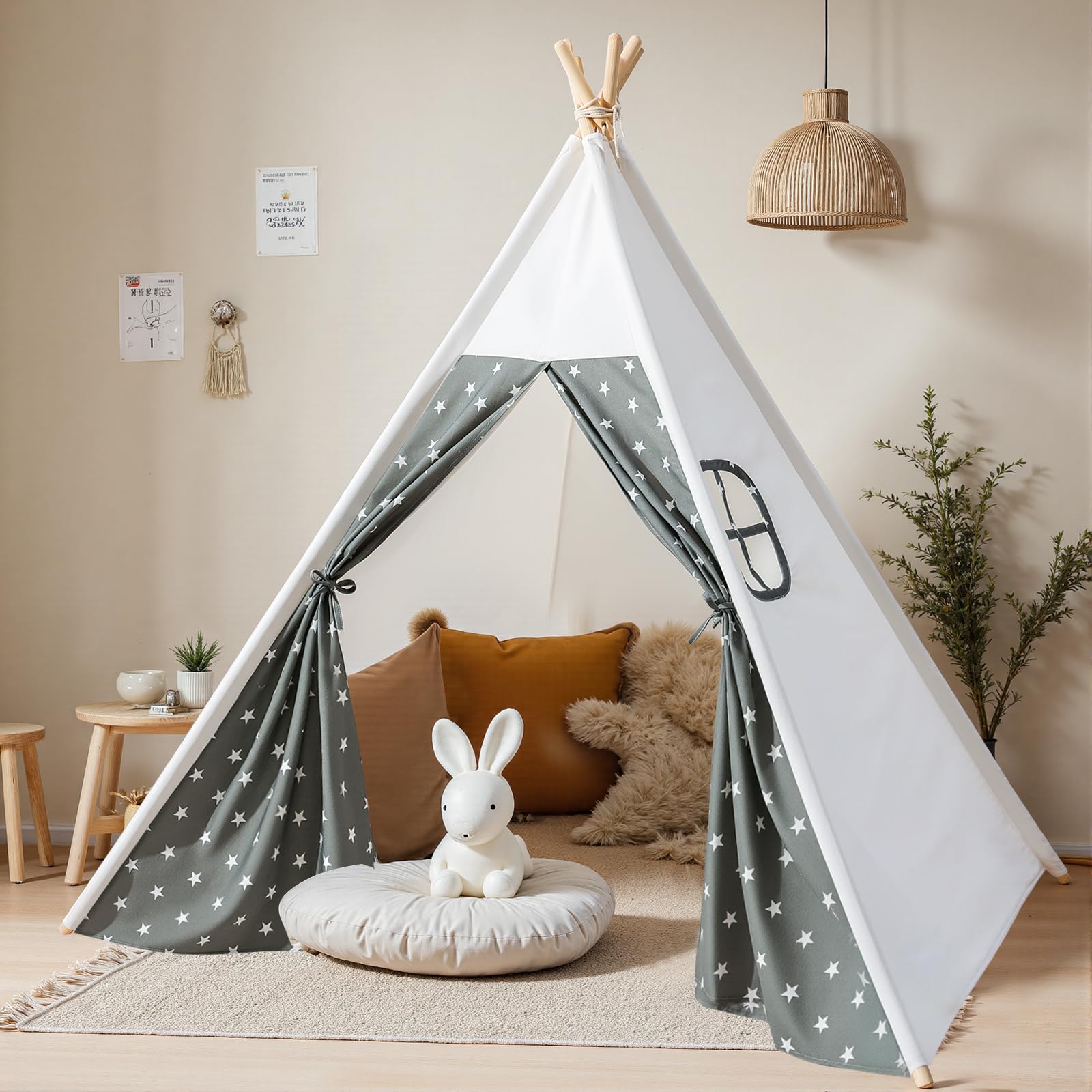 Wilwolfer Teepee Tent for Kids Foldable Children Play Tent for Girl and Boy with Carry Case 4 Poles White Canvas Playhouse Toy for Indoor and Outdoor Games (Grey Teepee Tent)