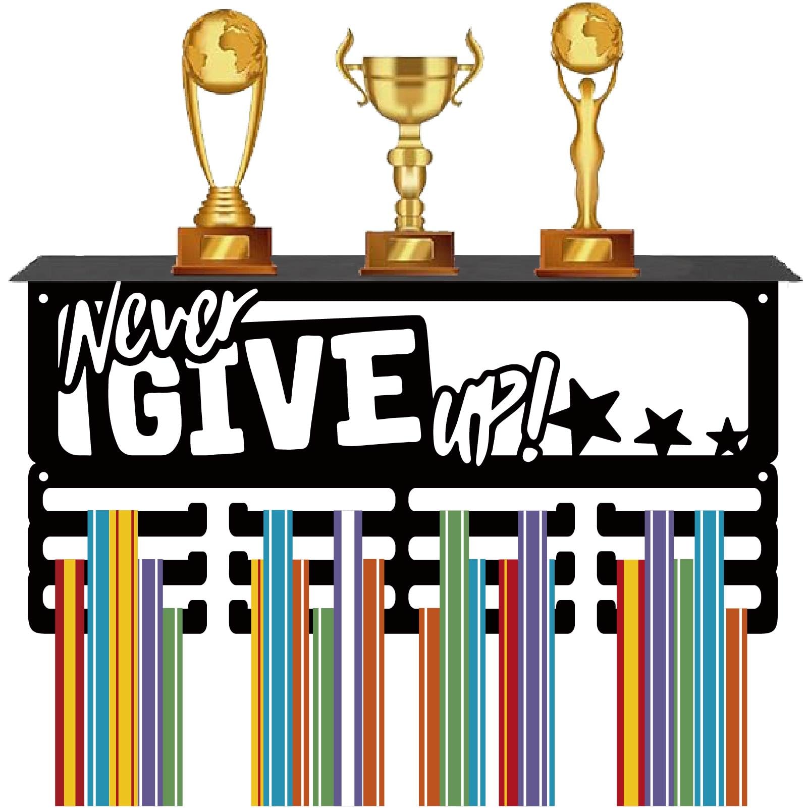 CREATCABIN Medal Hanger Display Trophy Shelf Medal Holder with Shelf Stand Never Give Up Sports 4 Rows Metal Hanging Wall Mount Hold 70+ Medals for Dance Competition Ribbon Medals Rack 15.7x7.9Inch