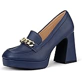 IDIFU IN4 Platform Heels Closed Square Toe Chunky Block High Penny Loafers Pumps with Metal Chain Wedding Prom Graduation Formal Dress Shoes for Women Dressy Slip On Thick Uniform Platform Pumps