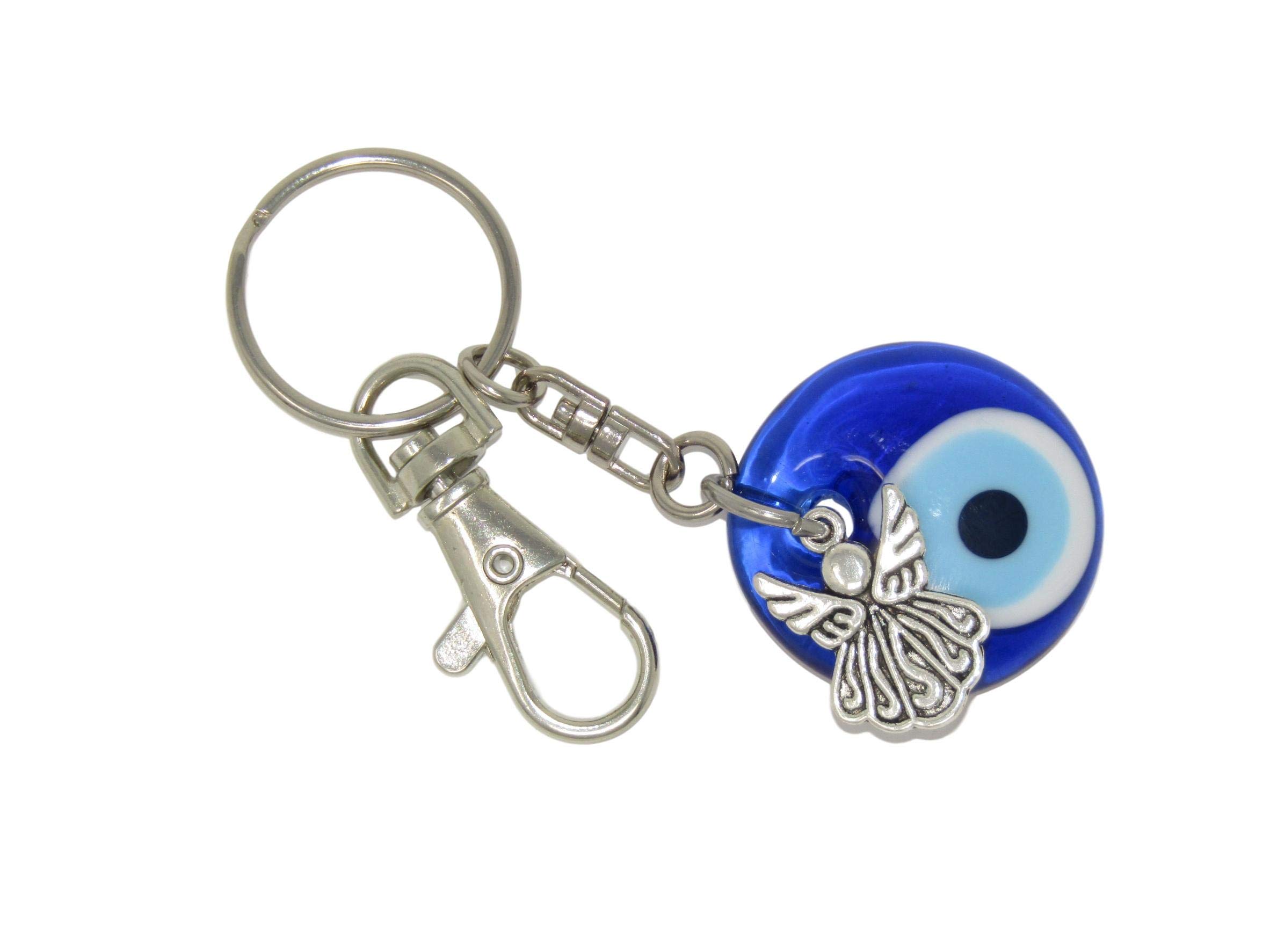 Jeannieparnell 187H - 3cm Glass Lucky Evil Eye with Angel Charm Keyring/Key Ring Hanger for Protection & Good Luck Charm