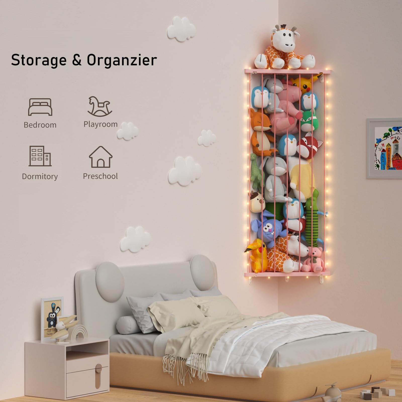 GGUO Corner Stuffed Animal Storage Net - Stuffed Animals Holder with Lights - Plush Toy Organizer Hanging Stuffed Animal Hammock with Adjustable Length for Kids Room Playroom Bedroom Nursery Decor