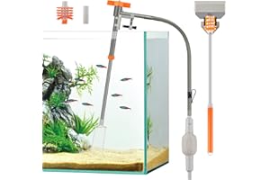 AQQA Aquarium Siphon Vacuum Cleaner Kit with 3 Replaceable Heads, Extra 2-in-1 Algae Scraper Cleaning Brush, Manually Siphon Ball Water Changer, Extendable Length to 38.2In for Fish Tank Cleaning (M)