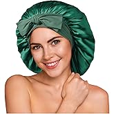 YFONG 100% 22 Momme Mulberry Silk Bonnet for Sleeping Women, Larger Double Layer Silk Hair Wrap for Curly Short Long Hair, Non-Slip Sleep Shower Cap Turban with Elastic Tie Band, Deep Green