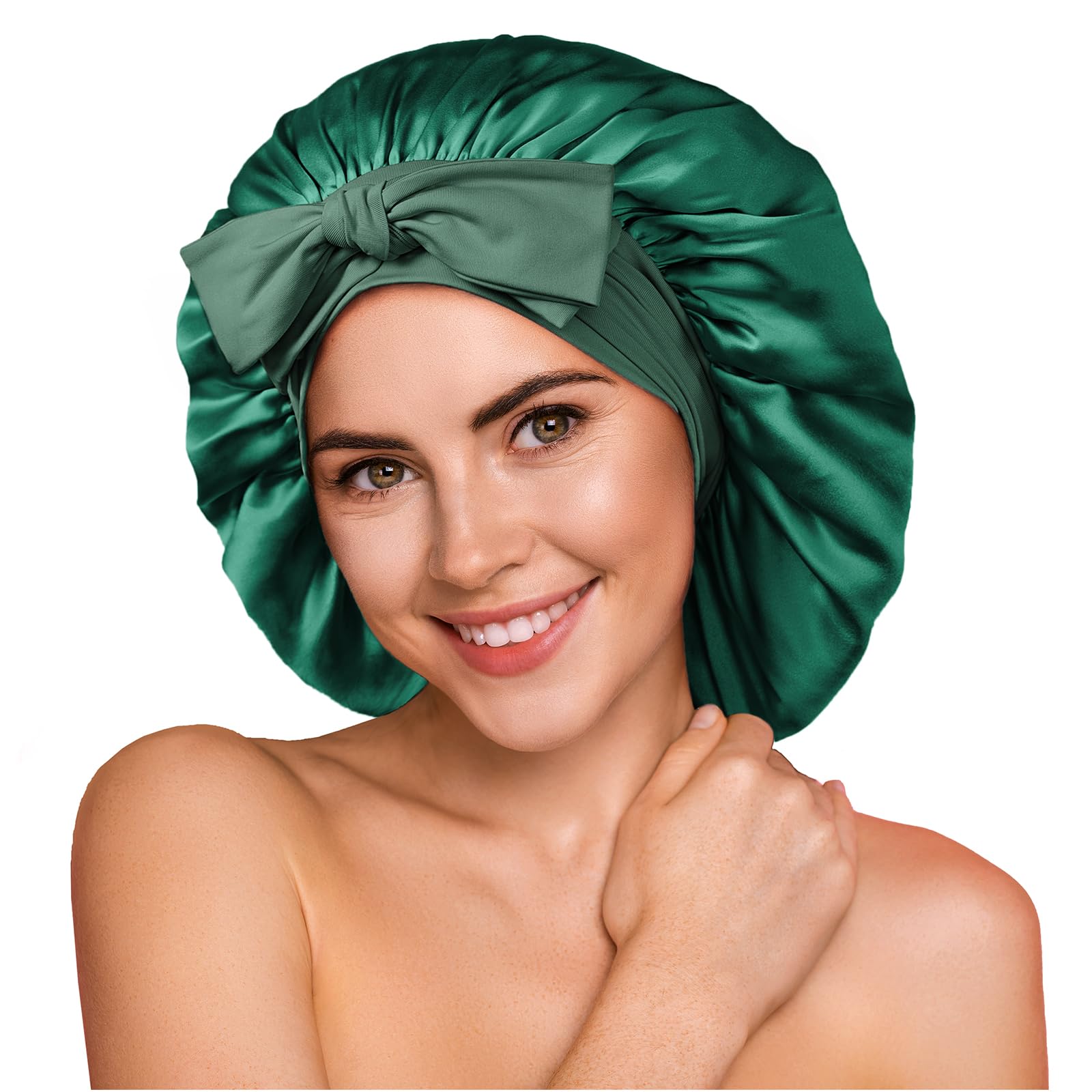 Photo 1 of YFONG 100% 22 Momme Mulberry Silk Bonnet for Sleeping Women, Larger Double Layer Silk Hair Wrap for Curly Short Long Hair, Non-Slip Sleep Cap Turban with Elastic Tie Band for Hair Care, Green