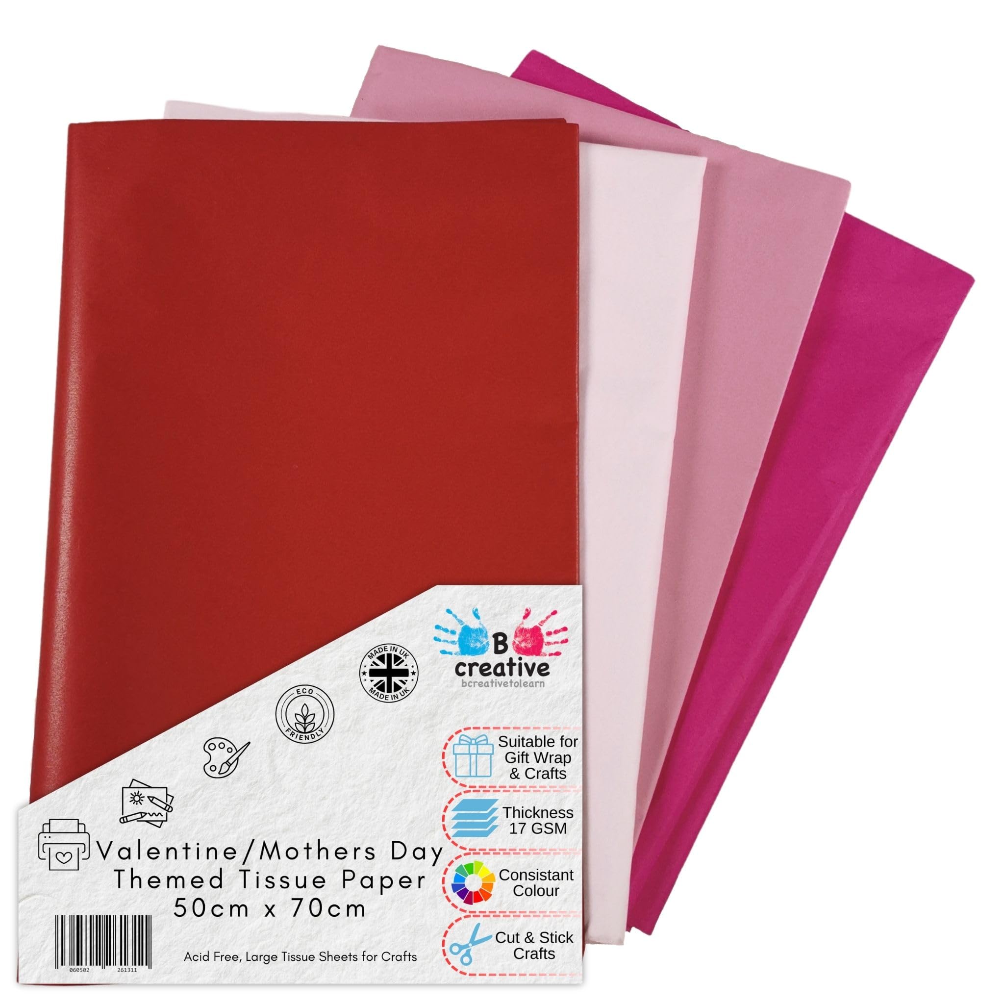 Valentines Day Tissue Paper 40 Sheets for Wrapping, Large Sheets of Pale Pink, Bright Pink, Red & White Tissue Wrapping Paper for Valentines Gifts of Love, Valentines Crafts Projects, 70cm x 50cm
