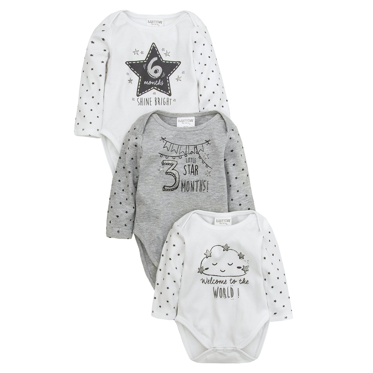 BABY TOWN Babytown Unisex Milestone Long Sleeve Bodysuits Multi Size White Grey
