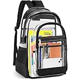KIMNERPU Clear Backpack, Heavy Duty PVC Transparent Backpack with Reinforced Straps, See Through Multiple Pockets Large Capacity Bookbag for Concert Work Security Travel Festival (Black)