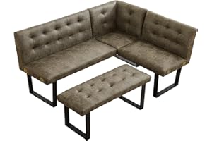 HIPIHOM Modern L-Shaped Dining Bench, Vintage Fabric Upholstered Corner Sofa with Metal Legs for Kitchen Nook, Living Room, Dining Room (Brown)