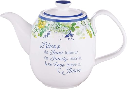Amazon Com Christian Art Gifts Ceramic Teapot Bless The Food Prayer Blue Flower Tea For One Teapot Teapots