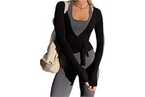 JEAAMKSSER Ballet Tie Wrap Top for Women Long Sleeve Cover Up Yoga Pilates Workout Warp Shirts