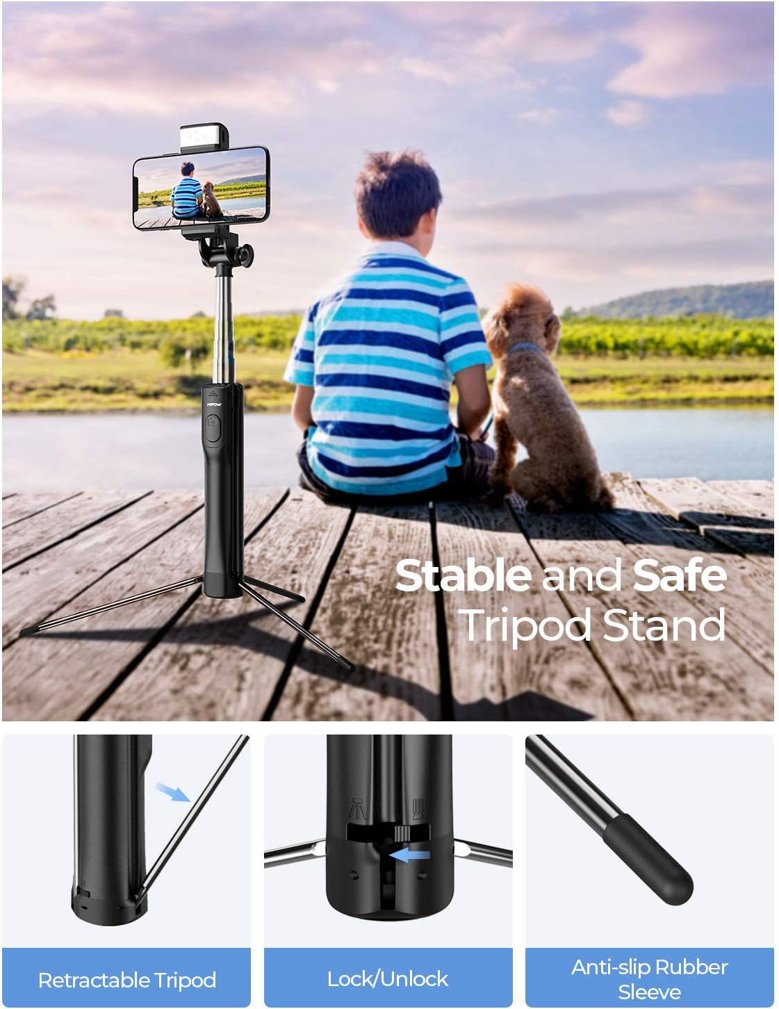 Mpow Selfie Stick Tripod, All in 1 Portable Extendable Selfie Stick with Bluetooth Remote & Fill Light, Compatible iPhone 11/11PRO/XS Max/XS/XR/X/8P/7P, Galaxy S20/S10/S9/S8 Gopro/Small Camera, Black