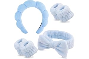 Chanaco Hairband, Soft & Comfortable Microfiber Facial Headband for Washing Face, Skincare Headband with Bow, Spa Headbands for Women, Teen Girl Gifts, Set of 2 Headbands and 4 Wristbands
