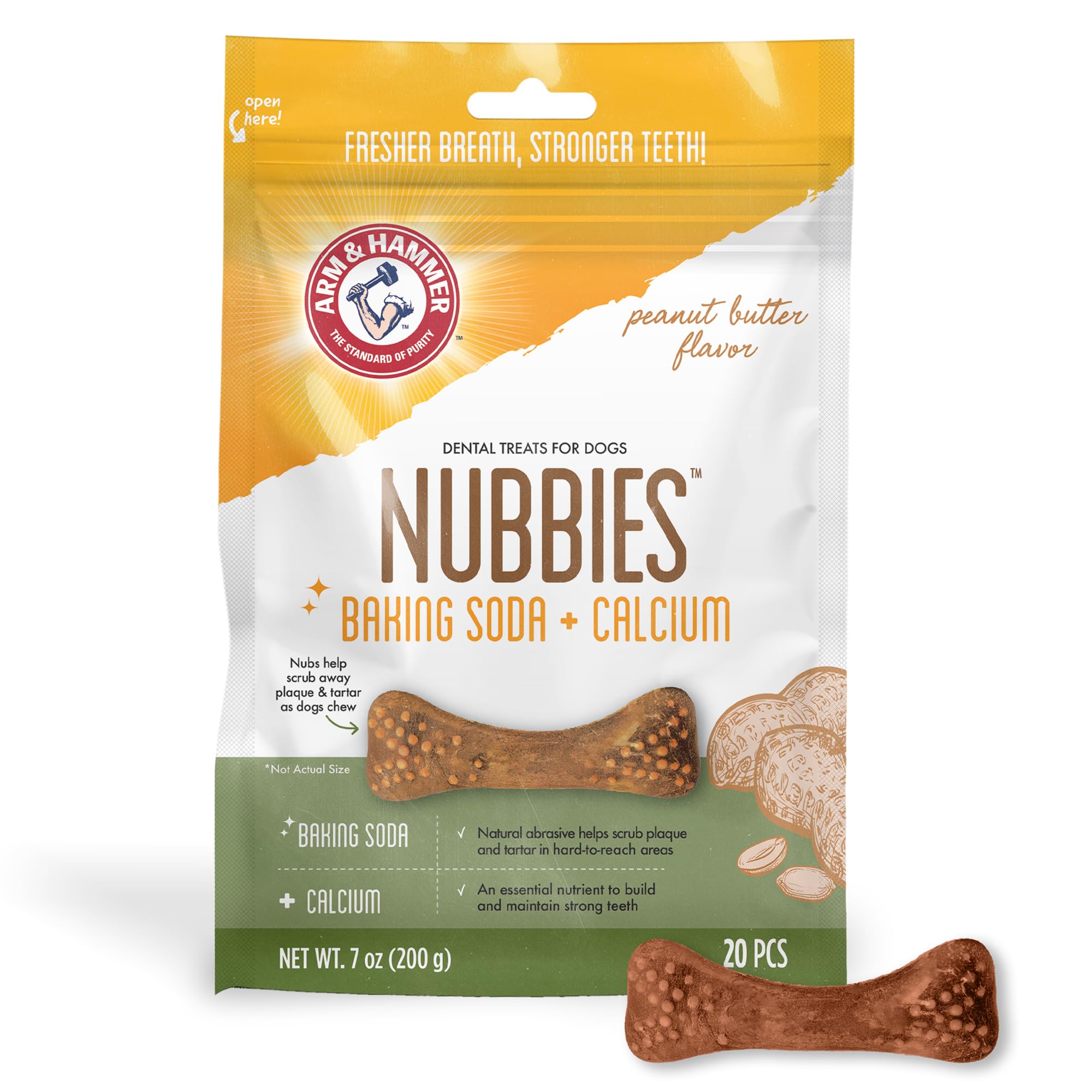 Photo 1 of  PACK OF 2 Arm & Hammer for Pets Nubbies Dental Treats for Dogs with Baking Soda and Calcium, Treat Chews Help Fight Bad Breath, Plaque & Tartar without Brushing, Peanut Butter, 20 Pcs (Packaging may vary)