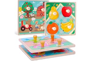 MCPINKY 4 Sets Wooden Peg Puzzles, Puzzles for Toddlers Knob Puzzles with Handles Educational Montessori Puzzles for Kids Preschoool Learning