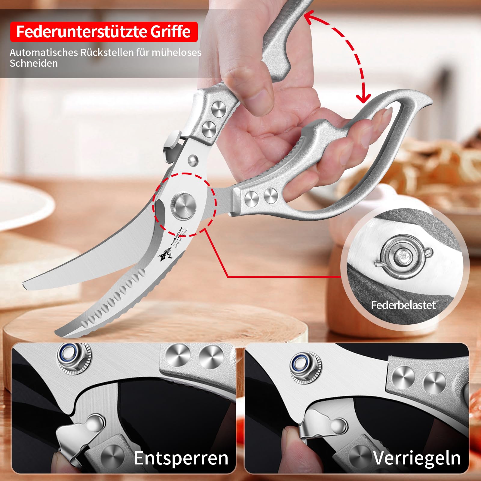MAD SHARK Geflügelschere Profi-Küchenschere mit Rutschfestem Griff & Sicherheitsverriegelung | Federunterstützt, Spülmaschinengeeignet | Für Hühnerknochen, Fleisch, Truthahn, Fisch, Gemüse (Silber) 5