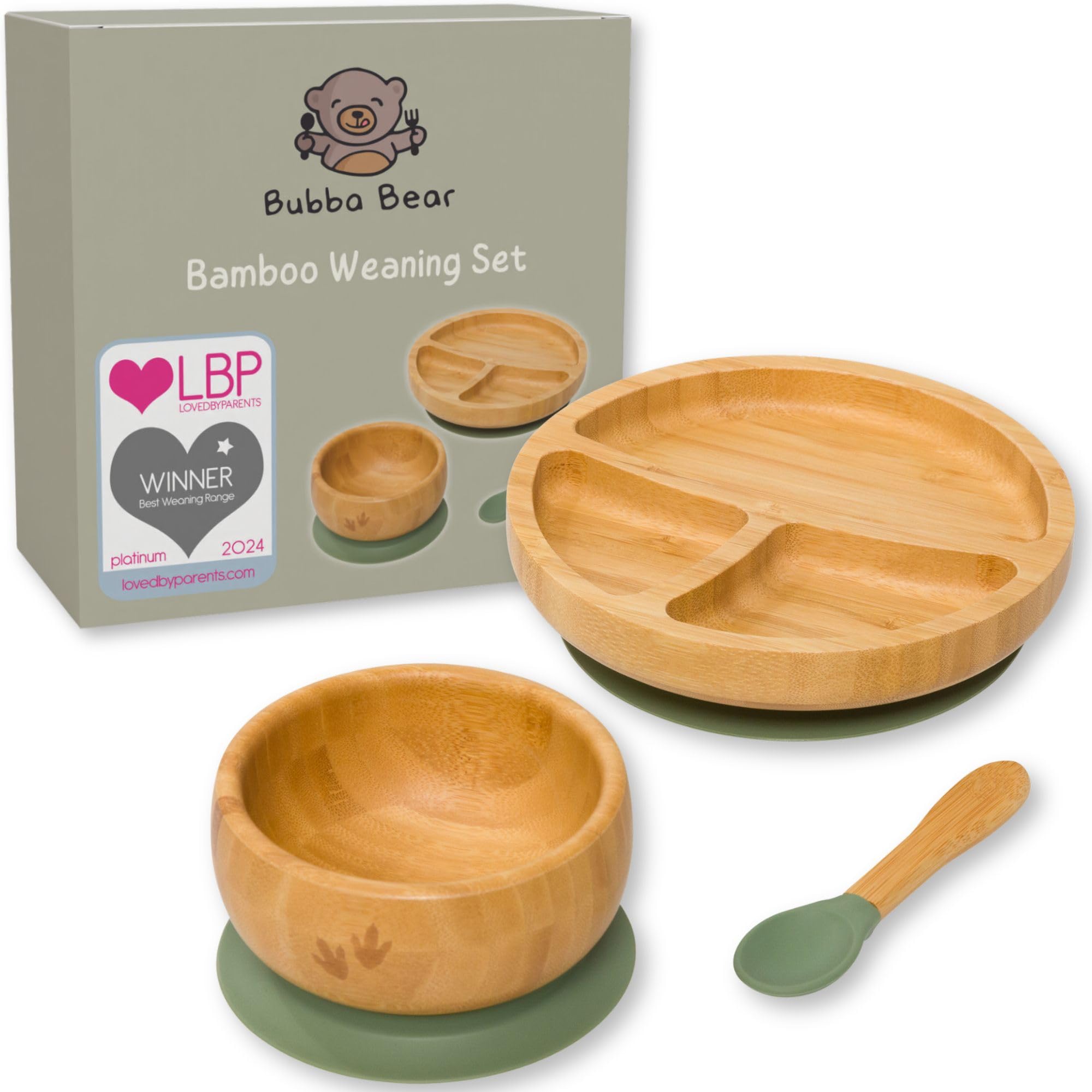 Bubba Bear Baby Bamboo Weaning Set | Toddler & Babies Plates & Bowls with Suction | Childs Led Feeding Plate, Bowl and Spoon Set | Wooden Dinner Essentials Sets for Kids | Eco Friendly & BPA Free โ image 1