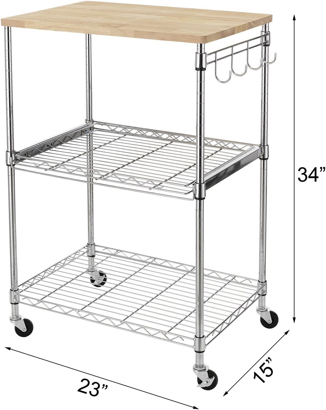 Finnhomy 3-Tier Wire Rolling Kitchen Cart, Food Service Cart, Microwave Stand, Oak Cutting Board and Chrome - Kitchen Islands & Carts