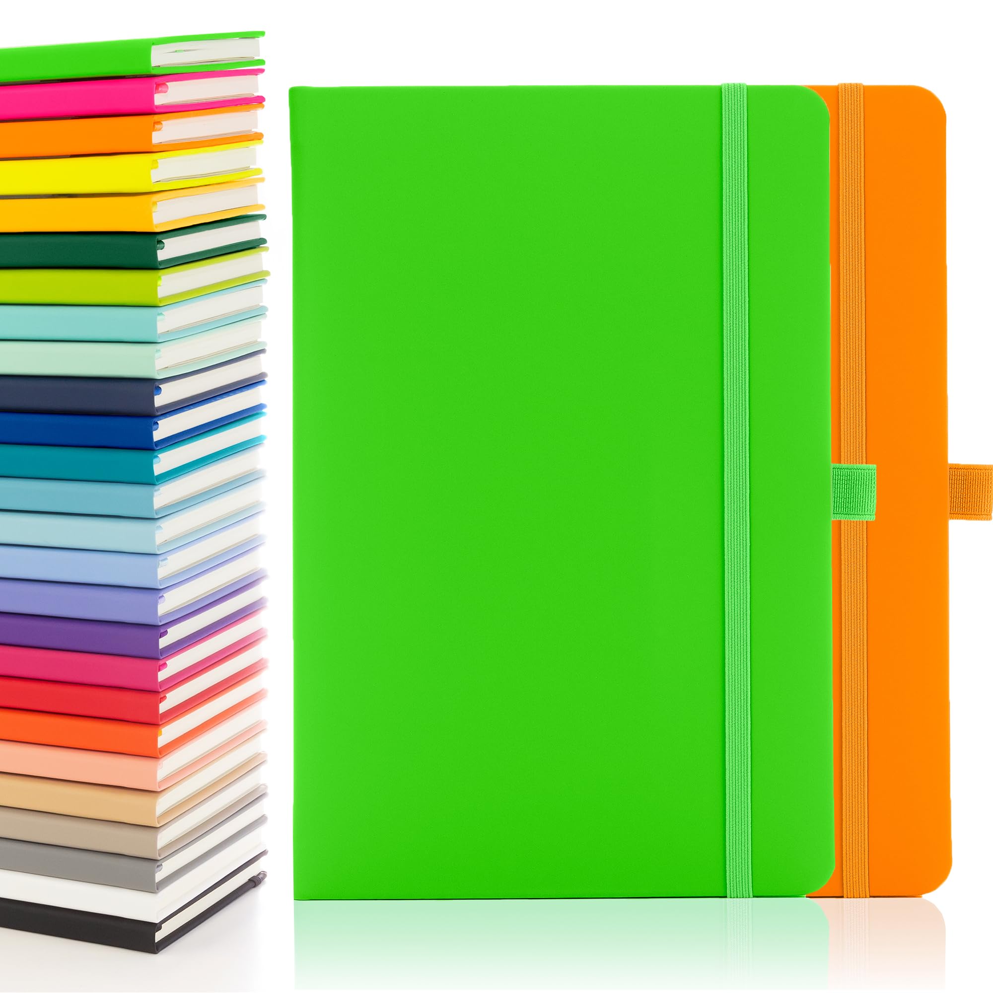 Notes London 2 x Eco A5 Notebook with Lined Pages, Pen Loop, Ribbon, Date Marks and Paper Pocket, Medium Hardback Journal, Note, sustainably sourced paper (Neon Green & Neon Orange)