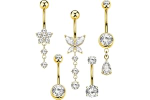OUFER 5PCS Belly Button Rings Dangle– 14G Surgical Steel Belly Button Piercing, Hypoallergenic Belly Rings with CZ Butterfly 