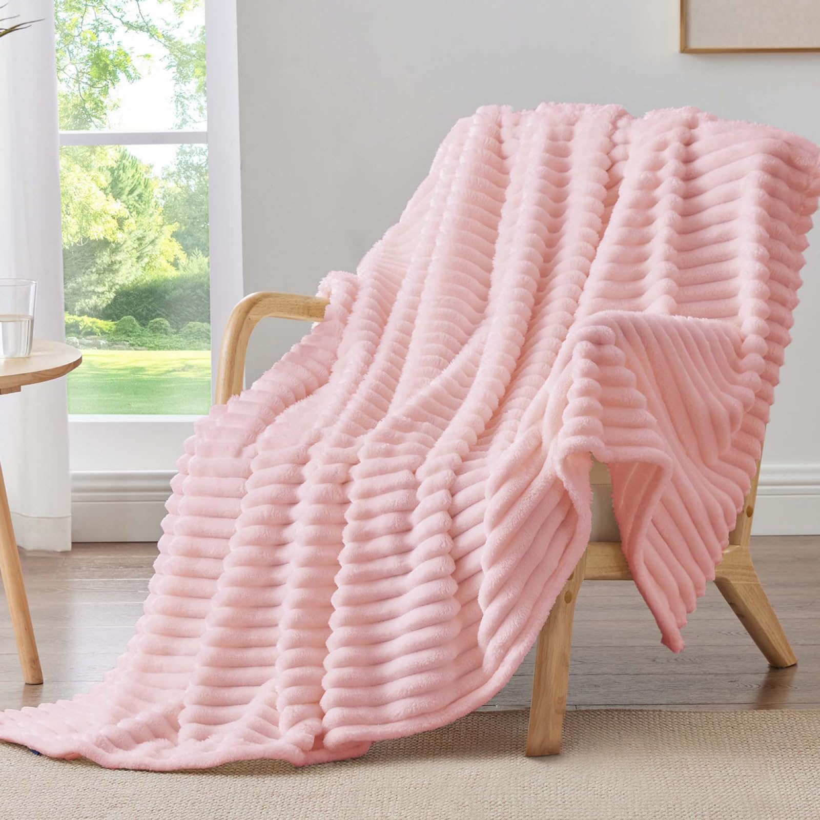Photo 1 of BEDELITE Fleece Throw Blanket for Couch - 300GSM Soft & Warm Fluffy Pink Blanket, Decorative and Giftable Striped Blankets for Women, Men, 50"x60"