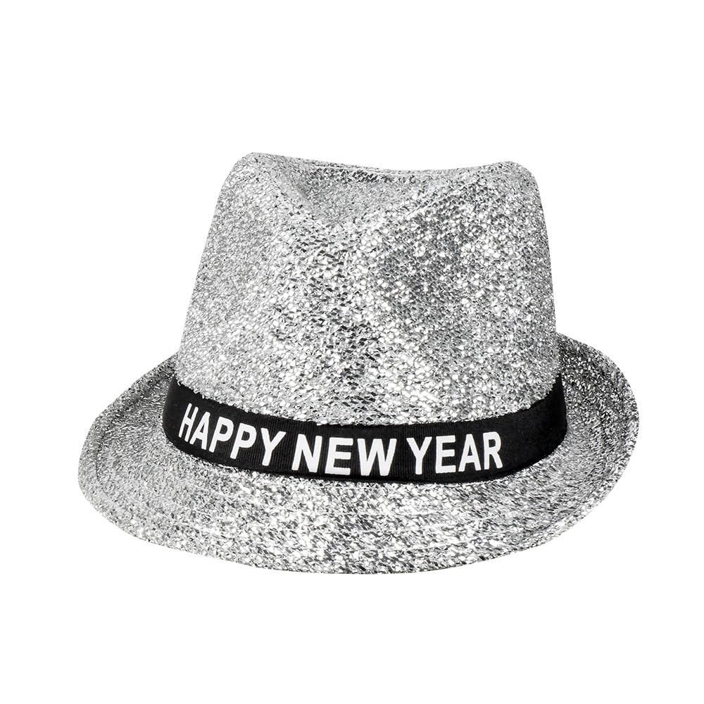 Boland Silver Sparkling Happy New Year Hat, Glitter, Fedora, Unisex for Men and Women, New Year's Eve Party, Headwear, Adult, One Size (Silver)