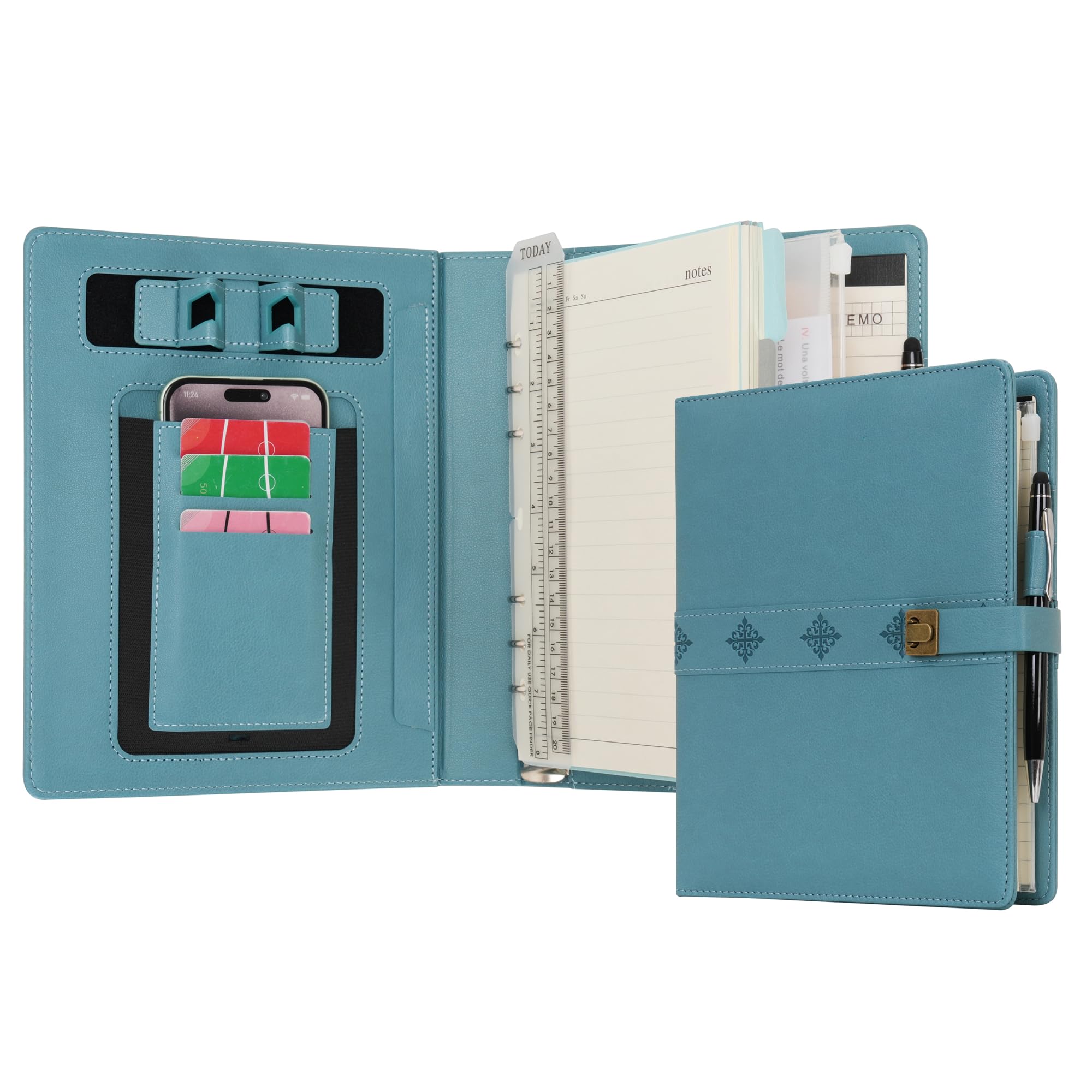 WASON A5 Diary PU Leather Composition Notebook Ruled Binder Journal with Pen, Refillable Paper, Removable Clipboard Portfolio, Notepad for Business Travel School Planner Organizer (Cyan)